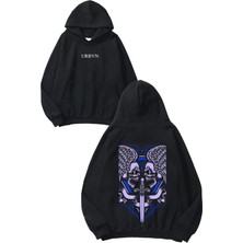 Urbvn Purple Skull Steel Tasarım Baskılı Oversize Siyah Kapüşonlu Sweatshirt