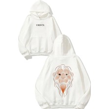 Urbvn Aslan Yüz Tasarım Baskılı Oversize Beyaz Kapüşonlu Sweatshirt