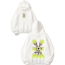 Urbvn No Real Tasarım Baskılı Oversize Beyaz Kapüşonlu Sweatshirt