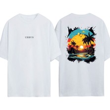 Urbvn Beach Tasarım Baskılı Beyaz Oversize T-Shirt