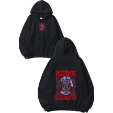 Urbvn Day Of Blood Tasarım Baskılı Oversize Siyah Kapüşonlu Sweatshirt