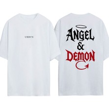 Urbvn Angel Demon Tasarım Baskılı Beyaz Oversize T-Shirt