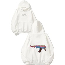 Urbvn Ice Cream Gun Tasarım Baskılı Oversize Beyaz Kapüşonlu Sweatshirt