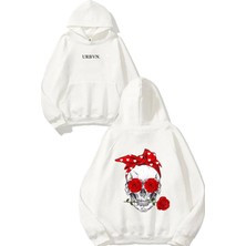Urbvn Red Rose Love Tasarım Baskılı Oversize Beyaz Kapüşonlu Sweatshirt