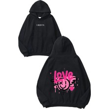 Urbvn Sprey Love Tasarım Baskılı Oversize Siyah Kapüşonlu Sweatshirt