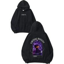 Urbvn Virtual Tasarım Baskılı Oversize Siyah Kapüşonlu Sweatshirt