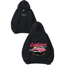 Urbvn Malibu Road Tasarım Baskılı Oversize Siyah Kapüşonlu Sweatshirt