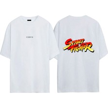 Urbvn Streetfighter Tasarım Baskılı Beyaz Oversize T-Shirt