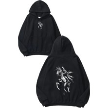 Urbvn Horse 2 Tasarım Baskılı Oversize Siyah Kapüşonlu Sweatshirt