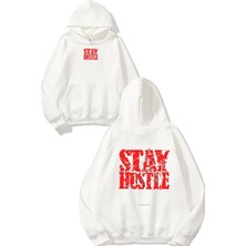 Urbvn Stay Hustle Tasarım Baskılı Oversize Beyaz Kapüşonlu Sweatshirt