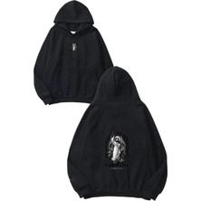 Urbvn Carmelite Tasarım Baskılı Oversize Siyah Kapüşonlu Sweatshirt