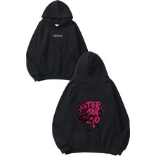 Urbvn Pink Snake Tasarım Baskılı Oversize Siyah Kapüşonlu Sweatshirt