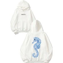 Urbvn Mavi Denizatı Tasarım Baskılı Oversize Beyaz Kapüşonlu Sweatshirt