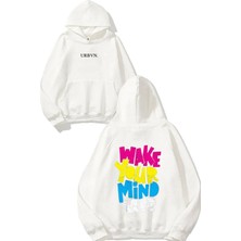 Urbvn Mind Up Tasarım Baskılı Oversize Beyaz Kapüşonlu Sweatshirt