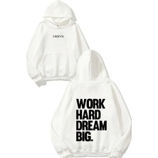 Urbvn Work Hard Dream Big Tasarım Baskılı Oversize Beyaz Kapüşonlu Sweatshirt