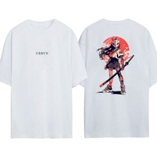 Urbvn Samurai Girl Tasarım Baskılı Beyaz Oversize T-Shirt
