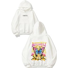 Urbvn Butterfly Flame Tasarım Baskılı Oversize Beyaz Kapüşonlu Sweatshirt