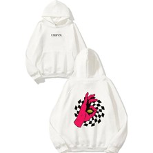 Urbvn Hallucinations Tasarım Baskılı Oversize Beyaz Kapüşonlu Sweatshirt