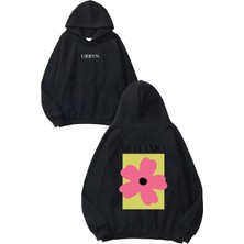 Urbvn Botanic Tasarım Baskılı Oversize Siyah Kapüşonlu Sweatshirt