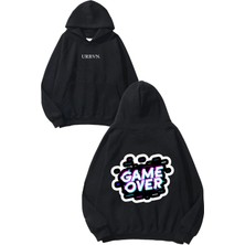 Urbvn Game Over Yazı Tasarım Baskılı Oversize Siyah Kapüşonlu Sweatshirt
