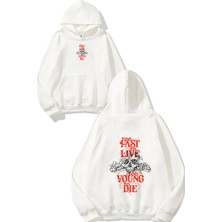 Urbvn Fast Live Tasarım Baskılı Oversize Beyaz Kapüşonlu Sweatshirt