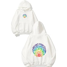 Urbvn Life Is Good Tasarım Baskılı Oversize Beyaz Kapüşonlu Sweatshirt
