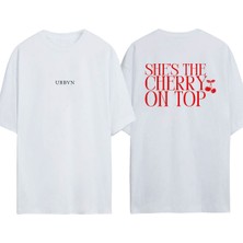 Urbvn Cherry On Tasarım Baskılı Beyaz Oversize T-Shirt