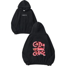 Urbvn Cats Coffee Tasarım Baskılı Oversize Siyah Kapüşonlu Sweatshirt