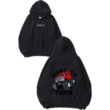 Urbvn Red Monster Truck Tasarım Baskılı Oversize Siyah Kapüşonlu Sweatshirt