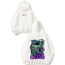 Urbvn Black Fuel Tasarım Baskılı Oversize Beyaz Kapüşonlu Sweatshirt