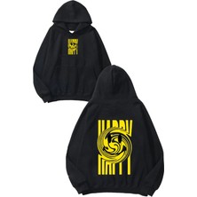 Urbvn Smiles 3 Tasarım Baskılı Oversize Siyah Kapüşonlu Sweatshirt