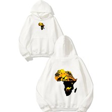 Urbvn Africa 2 Tasarım Baskılı Oversize Beyaz Kapüşonlu Sweatshirt