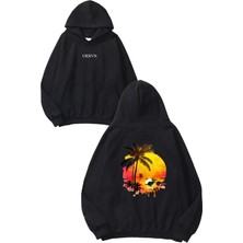 Urbvn Palmiye Tasarım Baskılı Oversize Siyah Kapüşonlu Sweatshirt