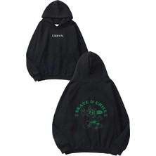 Urbvn Skate And Chill Tasarım Baskılı Oversize Siyah Kapüşonlu Sweatshirt