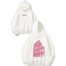 Urbvn Pink Italy Tasarım Baskılı Oversize Beyaz Kapüşonlu Sweatshirt