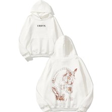 Urbvn At 1 Tasarım Baskılı Oversize Beyaz Kapüşonlu Sweatshirt