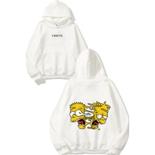 Urbvn Simpson Faces Tasarım Baskılı Oversize Beyaz Kapüşonlu Sweatshirt