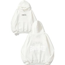 Urbvn Blessed Chain Tasarım Baskılı Oversize Beyaz Kapüşonlu Sweatshirt