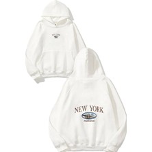 Urbvn Ny Manhattan Tasarım Baskılı Oversize Beyaz Kapüşonlu Sweatshirt
