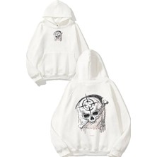 Urbvn Skull 6 Tasarım Baskılı Oversize Beyaz Kapüşonlu Sweatshirt
