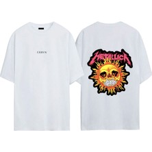 Urbvn Metallica Sun Tasarım Baskılı Beyaz Oversize T-Shirt
