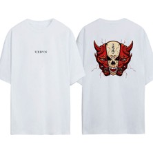 Urbvn Demon Skull Tasarım Baskılı Beyaz Oversize T-Shirt