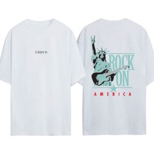 Urbvn Rock On Tasarım Baskılı Beyaz Oversize T-Shirt