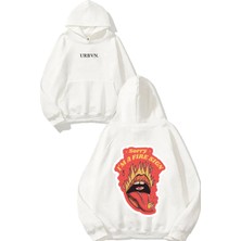 Urbvn Fire Sign Tasarım Baskılı Oversize Beyaz Kapüşonlu Sweatshirt