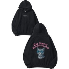Urbvn Cat Lovers Tasarım Baskılı Oversize Siyah Kapüşonlu Sweatshirt