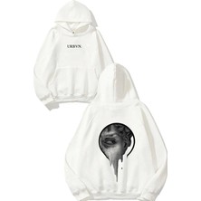 Urbvn Adem Heykel Tasarım Baskılı Oversize Beyaz Kapüşonlu Sweatshirt