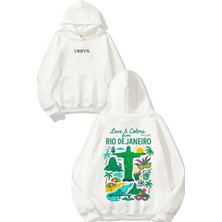 Urbvn Rio Tasarım Baskılı Oversize Beyaz Kapüşonlu Sweatshirt