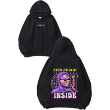 Urbvn Find Peace Tasarım Baskılı Oversize Siyah Kapüşonlu Sweatshirt