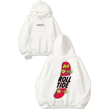 Urbvn Roll Tide Tasarım Baskılı Oversize Beyaz Kapüşonlu Sweatshirt