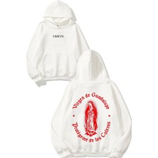 Urbvn Virgin Red Tasarım Baskılı Oversize Beyaz Kapüşonlu Sweatshirt